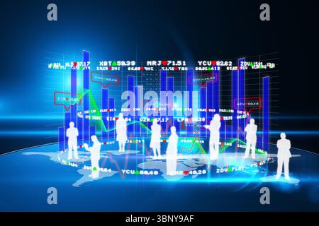 Showing professional silhouettes on glowing world map, displaying 3D holographic charts and tickers Stock Photo