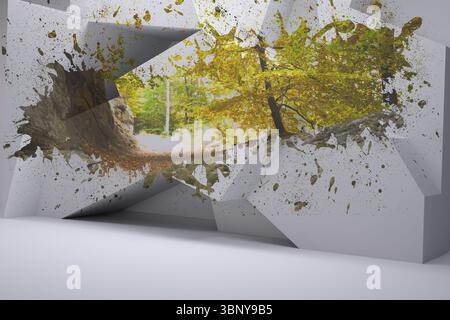 CG render showing angular white geometric sculpture displaying autumn forest cutout, leaf splatter Stock Photo