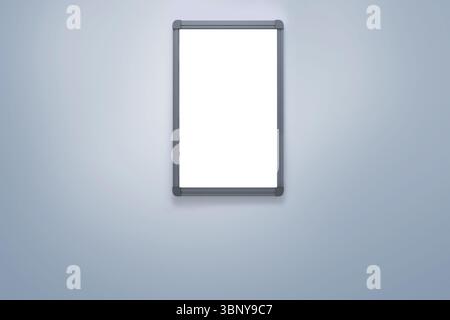 Blank rectangular board is being shown in flat design on pale grey-blue wall with gradient lighting Stock Photo