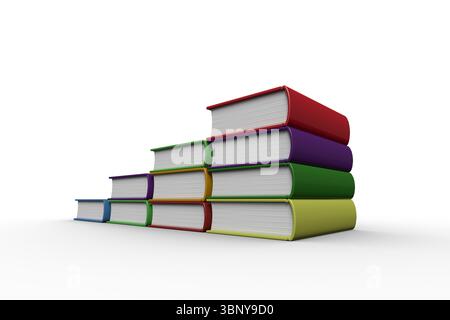 Flat design illustrating colored hardcover books stacking in rising stair on reflective white table Stock Photo