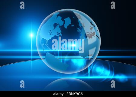 3D-render glass Earth globe floating over reflective base showing continents with neon-blue flares Stock Photo