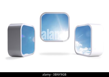 Three floating rounded rectangle blocks showing sky scenes in flat minimalist design, copy space Stock Photo