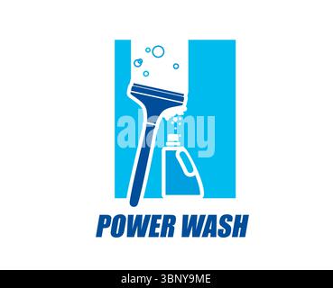 Windows cleaning service icon with washing detergent and squeegee on glass, vector symbol. Home windows cleaning and house professional maintenance service emblem with squeegee scraper and bubbles Stock Vector