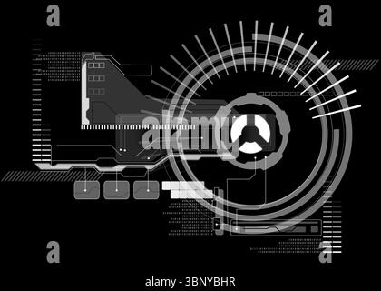 Displaying monochrome HUD featuring rotating gear-like gauge, linking nodes, streaming binary code Stock Photo