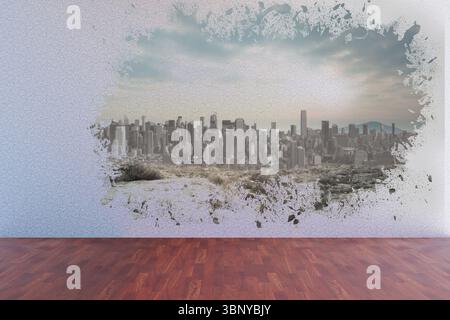 City skyline mural is showing in flat design on white plaster wall, featuring wood parquet floor Stock Photo