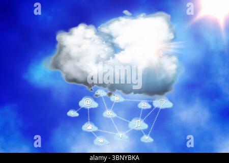 Realistic cumulus cloud is floating in flat design, showing cloud computing with Wi-Fi lock icons Stock Photo