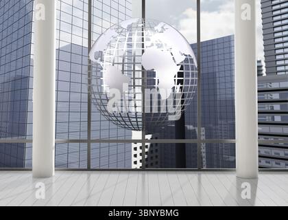 Silver globe floating in room Stock Photo