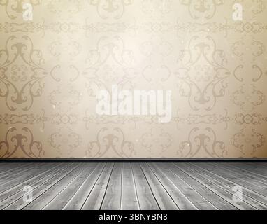 Empty room is being shown in flat design featuring aged wooden floor and ornate wallpaper wall Stock Photo