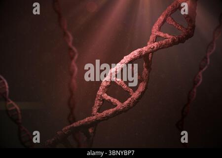 3D render showing rugged DNA helices in dark void with red light, drifting particles, copy space Stock Photo