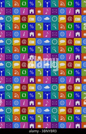 Flat design grid is repeating colorful tiles showing search, mail, cloud icons creating tech mosaic Stock Photo