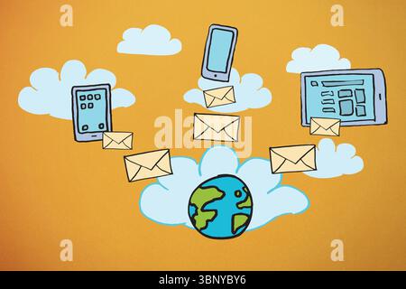 Displaying flat design cloud network on orange bg, featuring globe icon, envelope and device icons Stock Photo