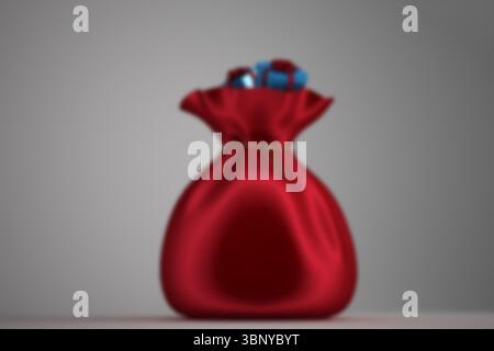 3D render showing red velvet bag on gray gradient with blue gift boxes peeking, copy space Stock Photo