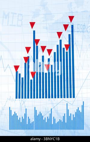 Infographic is showing blue bar chart with red inverted markers, small chart on world map grid Stock Photo