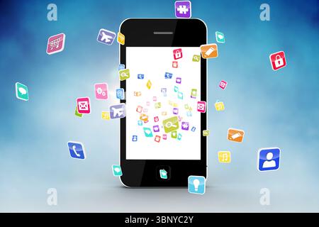 Flat design floating smartphone on blue gradient backdrop, radiating app-icons outward, copy space Stock Photo
