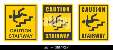 Stairway warning sign. Watch Step Down caution icon symbol. Yellow sign warning of danger. Vector illustration image. Isolated on background. Stock Vector