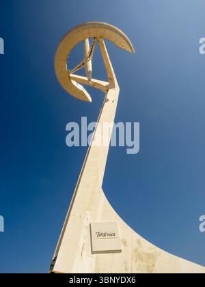 Montjuïc Communications Tower by Santiago Calatrava against a deep blue sky, showing the Telefónica logo, Barcelona, Spain. Stock Photo