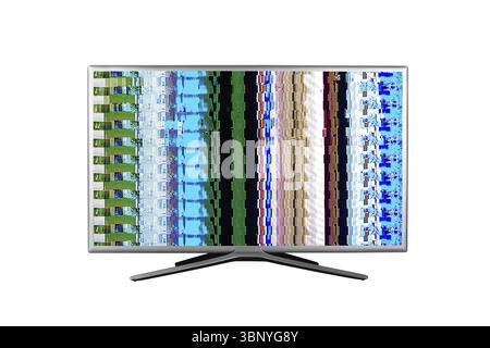 Grey 4K television with digital glitches, distortions on the screen isolated on white background Stock Photo