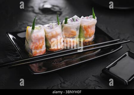 food still-life, Fresh Vietnamese spring rolls with shrimps Stock Photo