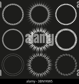 Gear circle collection. Cogwheel outline Vector. Spiky wheel set. Black backdrop art. Stock Vector