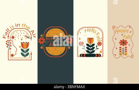 Vector graphic set with fall season theme illustration. Including phrases such as Happy fall, Hello fall, Welcome autumn, Fall is in the air. Stock Vector