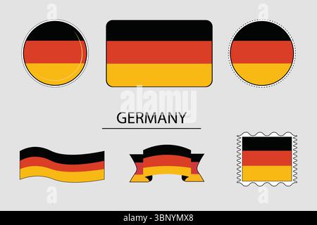 Set of German flag. Germany flag icon.German flag badge. Germans flag. German flag stamp, ribbon. National German colors black, red and yellow. Stock Vector