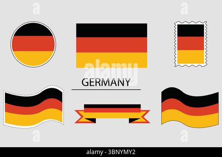 Set of German flag. Germany flag icon.German flag badge. Germans flag. German flag stamp, ribbon. National German colors black, red and yellow. Stock Vector