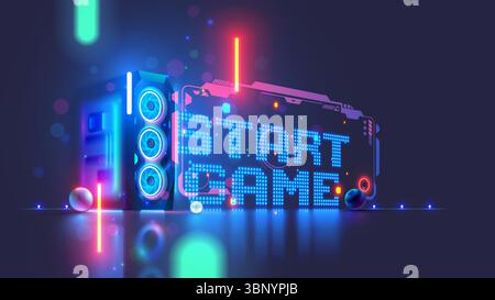 Gaming computer on the table with the inscription the start game in cyberspace. Desktop Gaming computer case or PC in neon light. Video game computer Stock Vector