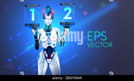 The robot girl holds the competition scoreboard in her hands. A female cyborg ring girl shows the score of an esports match. A beautiful girl with AI Stock Vector