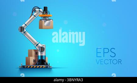 Robot hand or robotic arm sorts the cardboard boxes with products on factory warehouse. Logistics, automation industry concept. Box packages on pallet Stock Vector