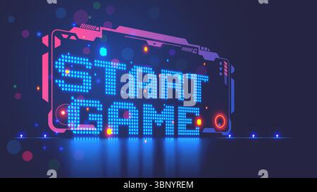 Start game. Banner or poster for club of video game with title start game. computer video game interface border in cyberspace with neon pixels letters Stock Vector