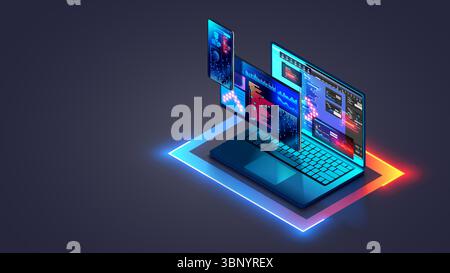 Web development and coding. Cross platform software development of website. Adaptive layout internet page or web interface on screen laptop, tablet Stock Vector