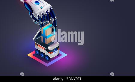 AI manages the delivery of goods from an online store using autonomous robots. Automated delivery, logistics using wheeled vehicles . A cyborg hand Stock Vector