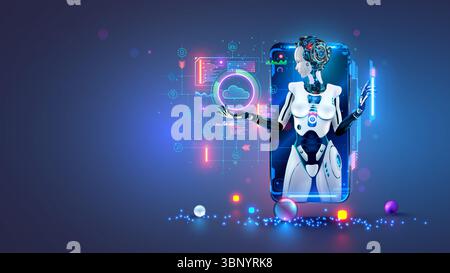 A female AI chatbot robot on a phone screen holds icons of Internet services in her hand. A chatbot in the image of a beautiful cyborg girl processes Stock Vector