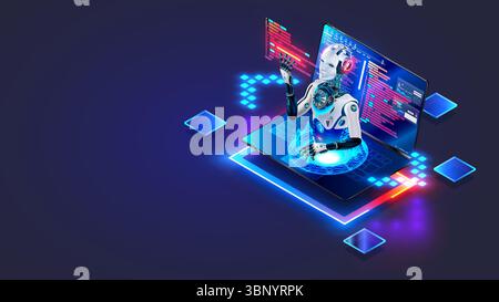 A artificial intelligence chatbot helps a programmer to program. An AI in the form of a robot sticks his head out from a laptop screen. Create the Stock Vector