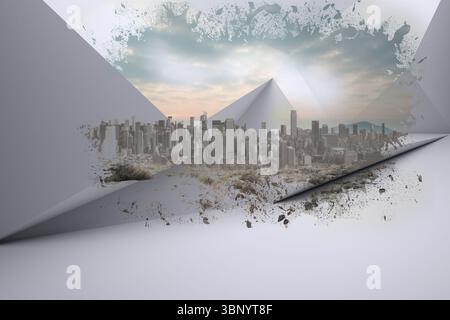 Flat design panels are forming triangular tear revealing pyramid skyline with desert plants Stock Photo