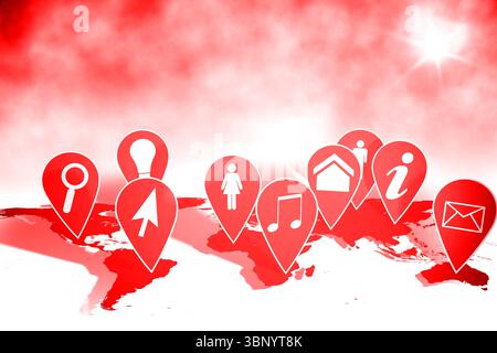 Stylized red world map is glowing with nine icon pins over smoky gradient in flat design Stock Photo