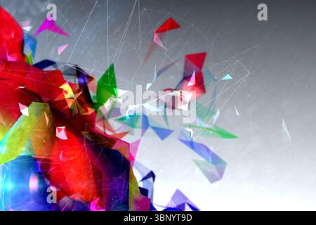 Colorful low-poly shards are clustering on grey gradient backdrop flat design with network lines Stock Photo