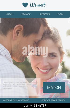 Couple is being shown embracing in flat landing page design, with heart logo, match button Stock Photo
