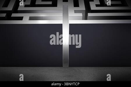 Minimalistic 3D render of maze is revealing narrow illuminated gap through dark labyrinth walls Stock Photo