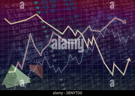 Displaying CG financial line chart over dark grid, showing colored lines, stock values, arrow icons Stock Photo