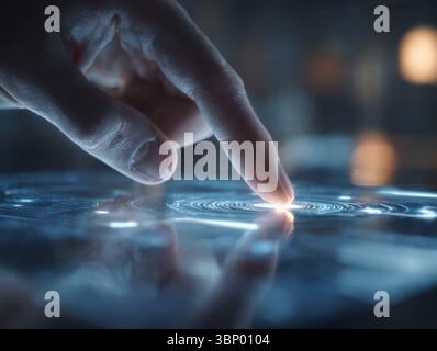 Close-up of a human finger touching a glowing touchscreen, representing innovation, human–machine interaction and futuristic interfaces. Stock Photo