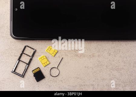 Smartphone and open slots for nano SIM cards, two nano SIM cards, micro SD drive and metal key on grey background Stock Photo