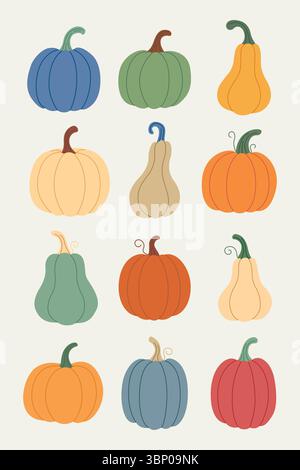 Set of pumpkins in different colours. Cute pumpkins drawn by hand. Cozy autumn set. Vector illustration. Stock Vector