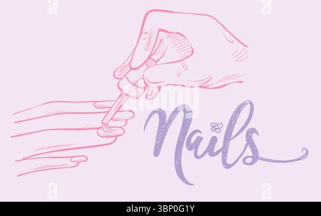 Manicured Female Hands And Applying Nail Polish On Fingernails, doodle style. vector illustration Stock Vector