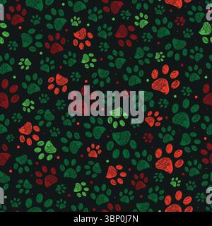 Green, red colored Christmas design doodle paw prints Stock Vector