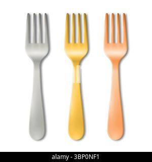 Vector 3d Fork Set Isolated on White. Realistic Silver, Gold and Copper Fork Icon. Metal Cutlery Illustration. Tableware Utensils, Restaurant Stock Vector