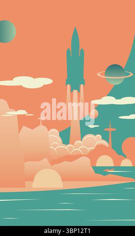 Minimal vector illustration of a rocket launch on an alien planet with retro futuristic buildings, landscape, abstract clouds, and distant planets Stock Vector