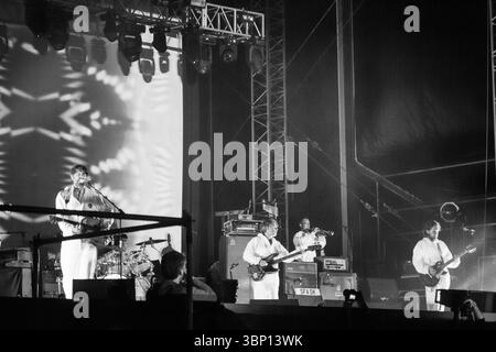 Welsh psychedelic pop legends SUPER FURRY ANIMALS headline the main Mountain Stage. The Green Man music festival in the Brecon Beacons Mountains, Glanusk Park, Wales, UK on 22 August 2015. Photograph: Rob Watkins/Alamy Live News.  INFO: Super Furry Animals are a Welsh alternative/psychedelic rock band from Cardiff, formed in 1993. Led by Gruff Rhys, they blend Britpop, electronic experimentation, and Welsh culture. Known for albums like Fuzzy Logic, Radiator, and Welsh‑language Mwng Stock Photo