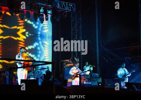 Welsh psychedelic pop legends SUPER FURRY ANIMALS headline the main Mountain Stage. The Green Man music festival in the Brecon Beacons Mountains, Glanusk Park, Wales, UK on 22 August 2015. Photograph: Rob Watkins/Alamy Live News.  INFO: Super Furry Animals are a Welsh alternative/psychedelic rock band from Cardiff, formed in 1993. Led by Gruff Rhys, they blend Britpop, electronic experimentation, and Welsh culture. Known for albums like Fuzzy Logic, Radiator, and Welsh‑language Mwng Stock Photo