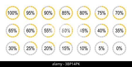Percentage infographics elements. Set of round diagrams icons for infographics from 0 to 100 percent. Yellow, gray color fill pizza, pie charts Stock Vector
